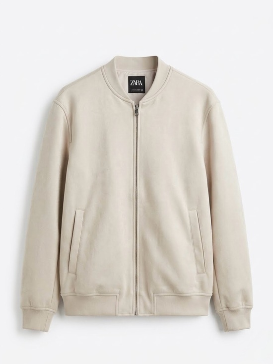 Zara Other - ZARA Man Faux Suede Bomber Jacket S Beige Stone Tan Minimalist Aesthetic Coat